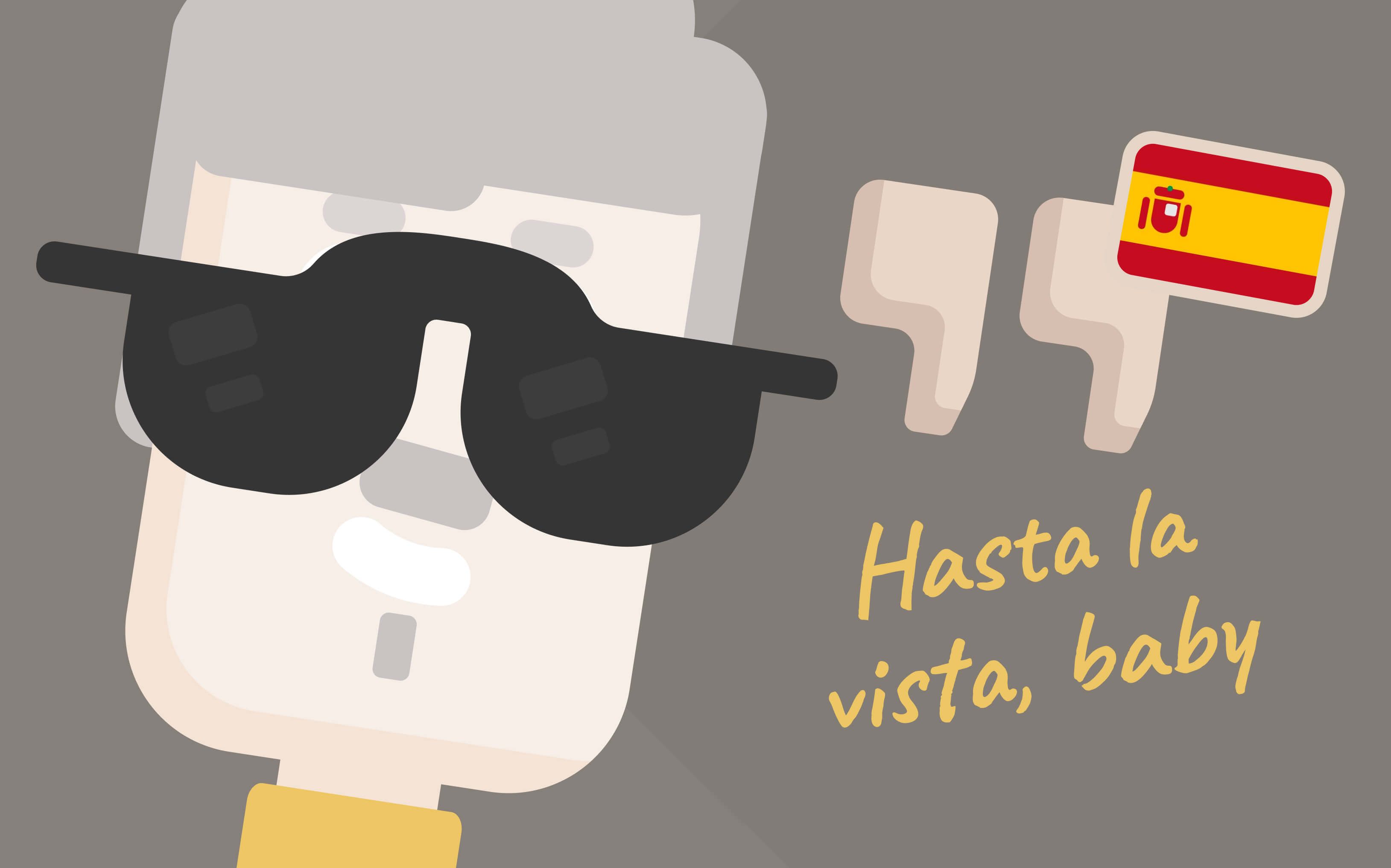 Рико в черных очках говорит фразу Hasta la vista, baby