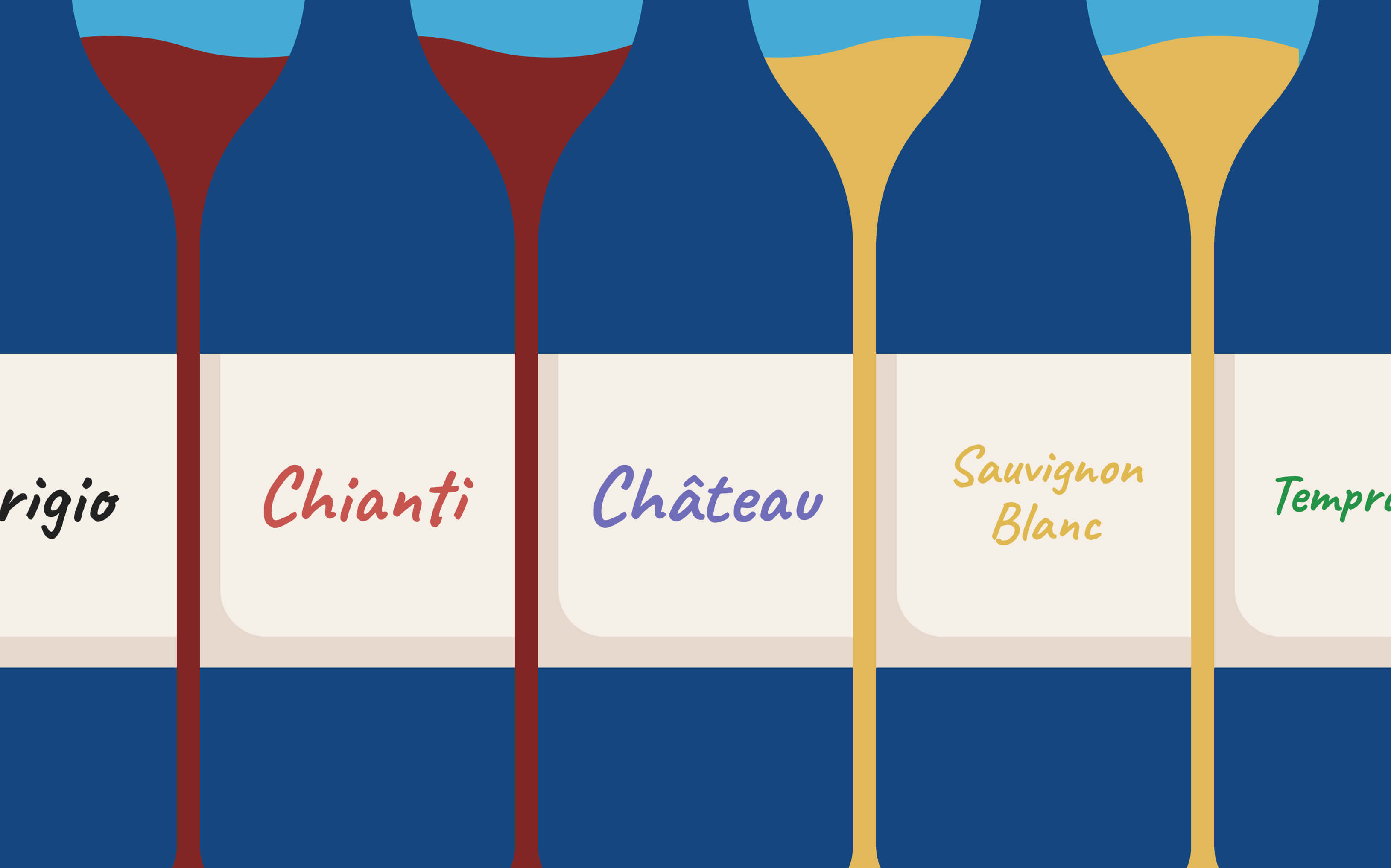 Илллюстрация бутылок вин с разными названиями